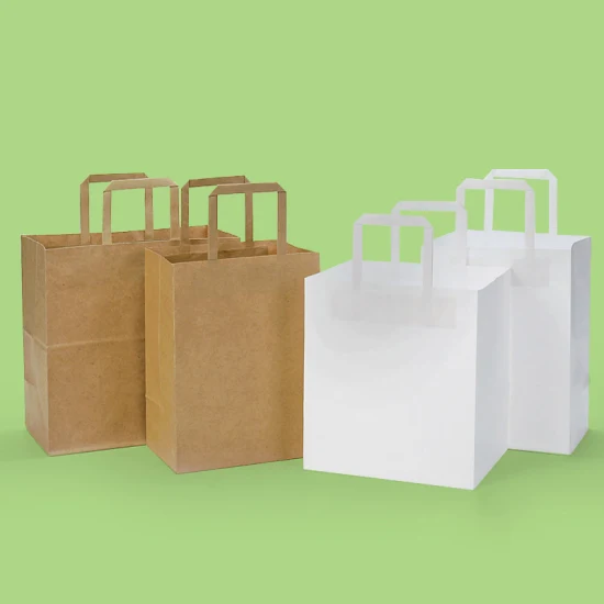 Sacos de papel para embalagens de alimentos da moda, pequenos ou grandes, para presente personalizado, sacos de papel kraft com alça plana biodegradável